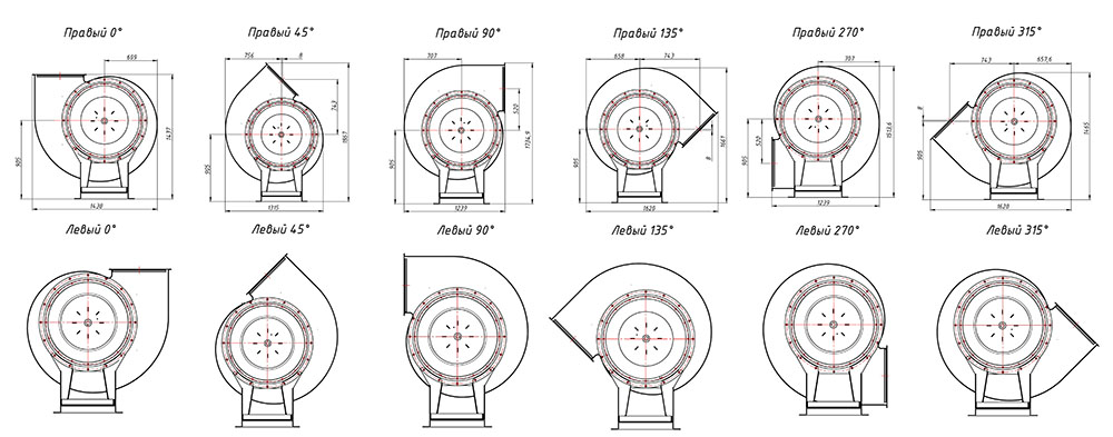 Габаритные и присоединительные размеры радиального вентилятора среднего давления ВЦ 14-46 №8 Исполнение 1, зависящие от положения корпуса